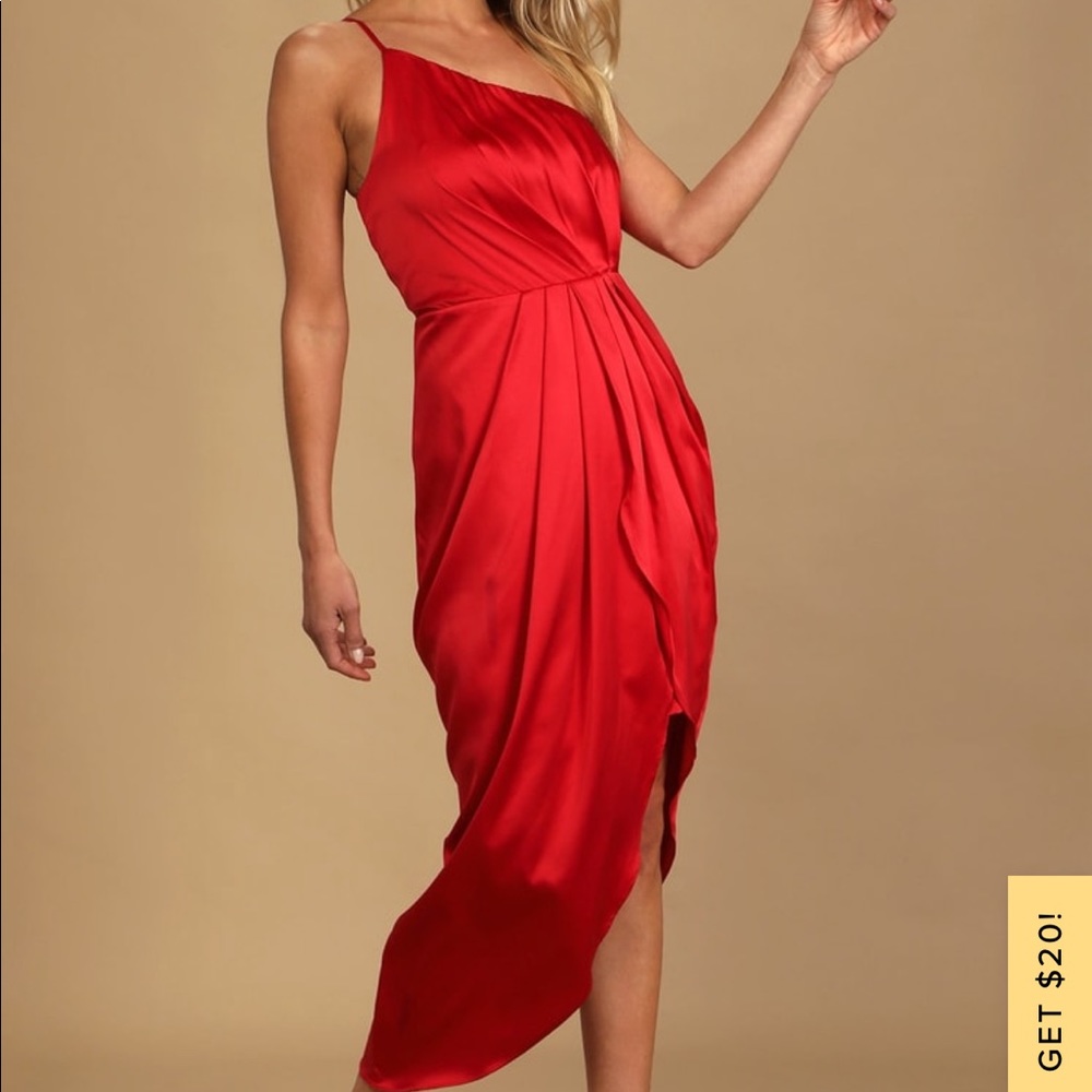 ***zipperLulus Law of Attraction Red Satin One-Shoulder Asymmetrical Midi Dress